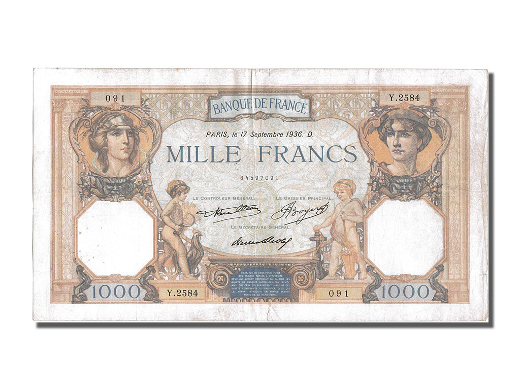 Biljet, Frankrijk, 1000 Francs, 1 000 F 1927-1940 ''Cérès et Mercure'', 1936