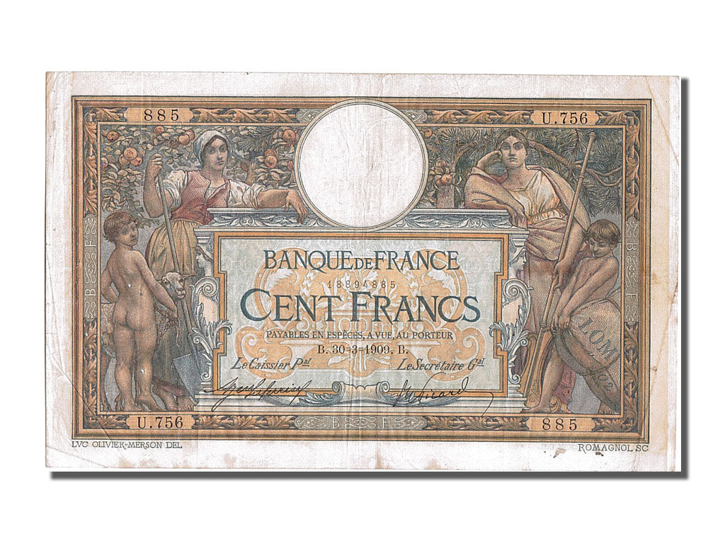 Francja, 100 Francs, Luc Olivier Merson, 1909, 1909-03-30, VF(30-35)