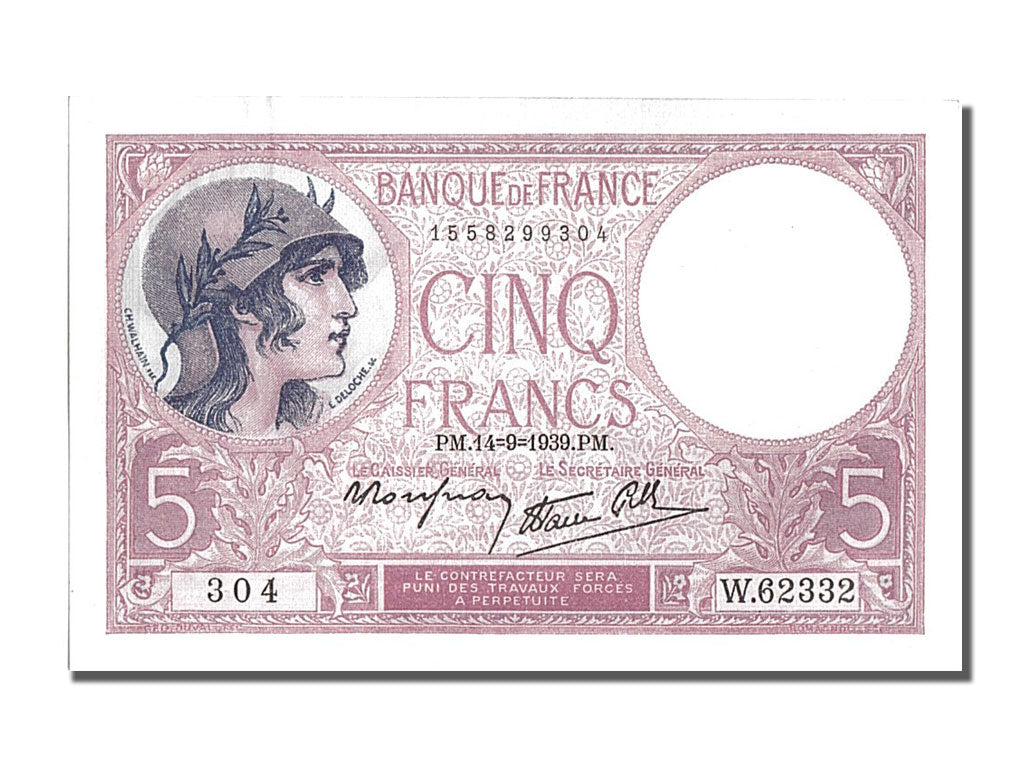 Billet, France, 5 Francs, 5 F 1917-1940 ''Violet'', 1939, 1939-09-14, SPL