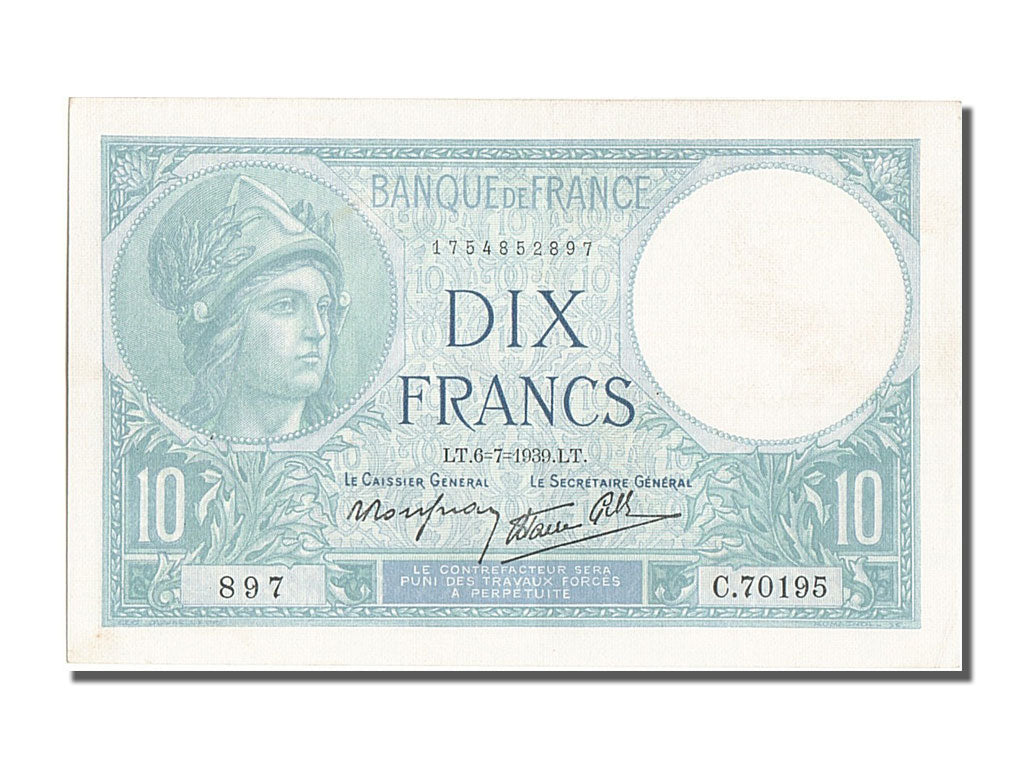 Biljet, Frankrijk, 10 Francs, 10 F 1916-1942 ''Minerve'', 1939, 1939-07-06, SPL