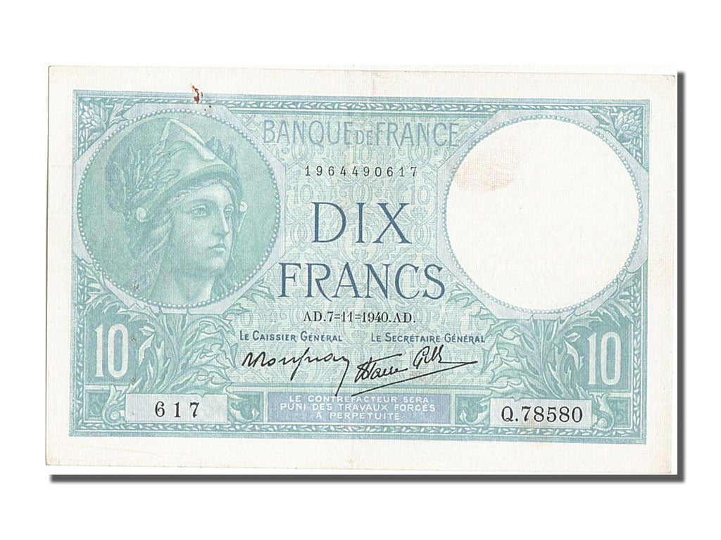 Frankrijk, 10 Francs, Minerve, 1940-11-07, Q.78580, SUP