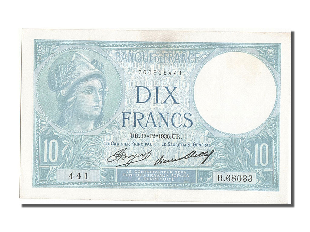 Billete, Francia, 10 Francs, 10 F 1916-1942 ''Minerve'', 1936, 1936-12-17, EBC