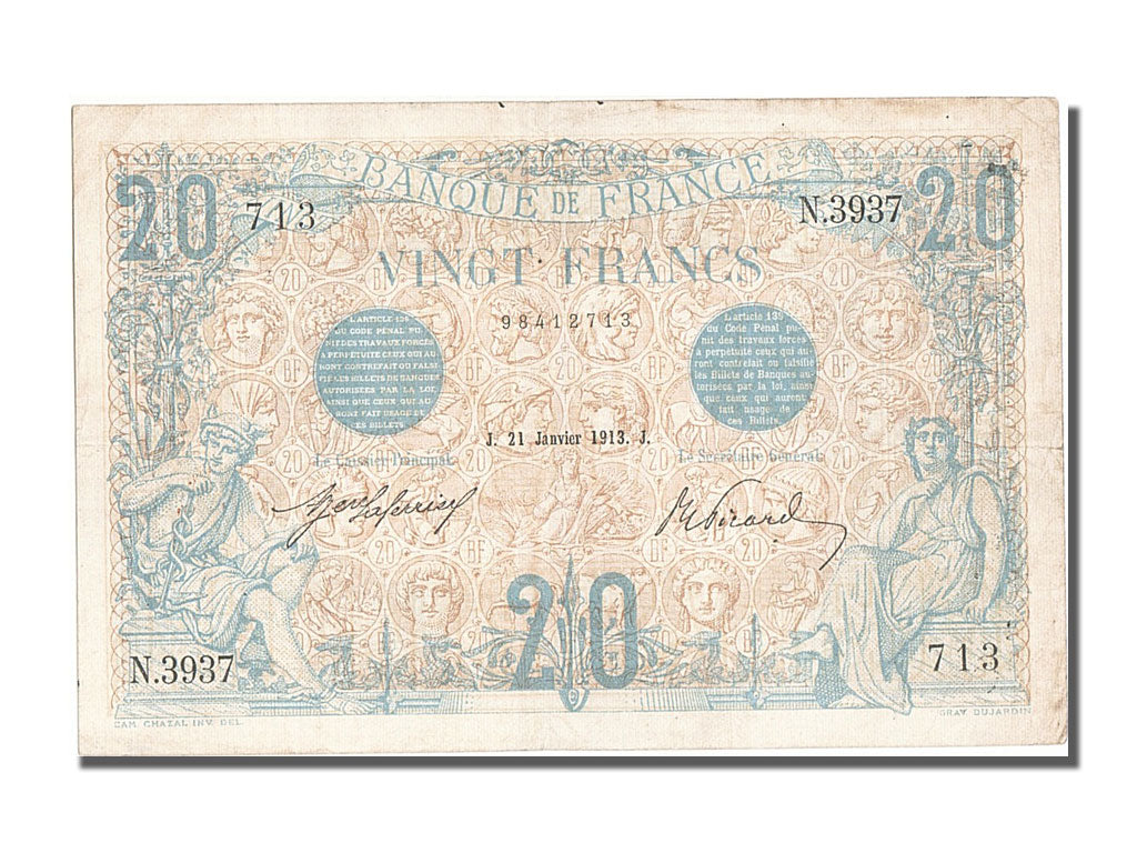 Banknote, France, 20 Francs, 20 F 1905-1913 ''Bleu'', 1913, 1913-01-21