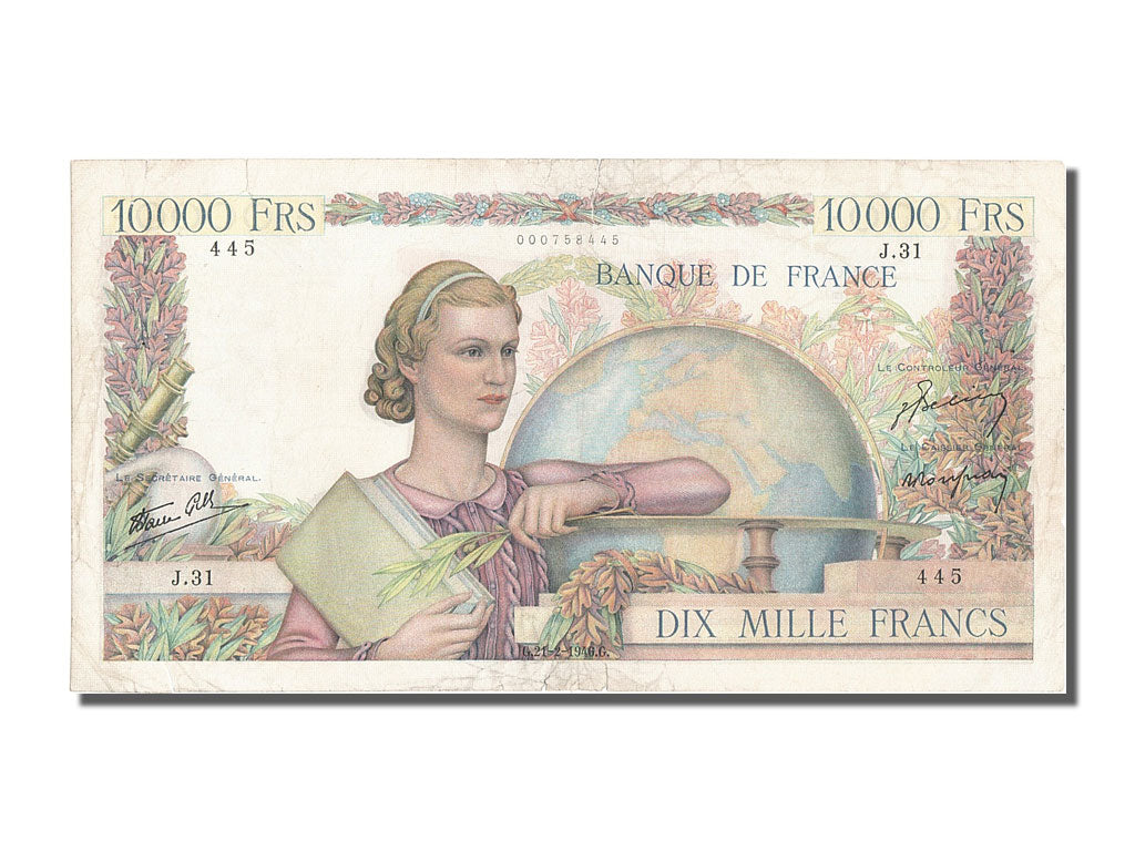 Geldschein, Frankreich, 10,000 Francs, 10 000 F 1945-1956 ''Génie Français''