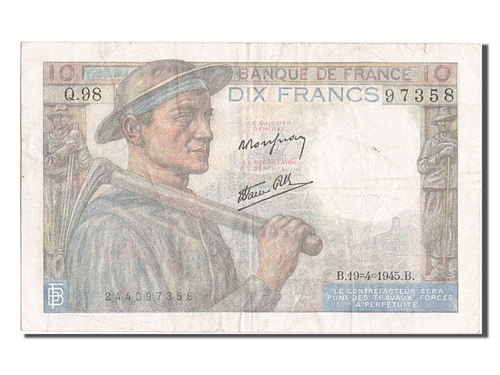 Banknote, France, 10 Francs, 10 F 1941-1949 ''Mineur'', 1945, 1945-04-19