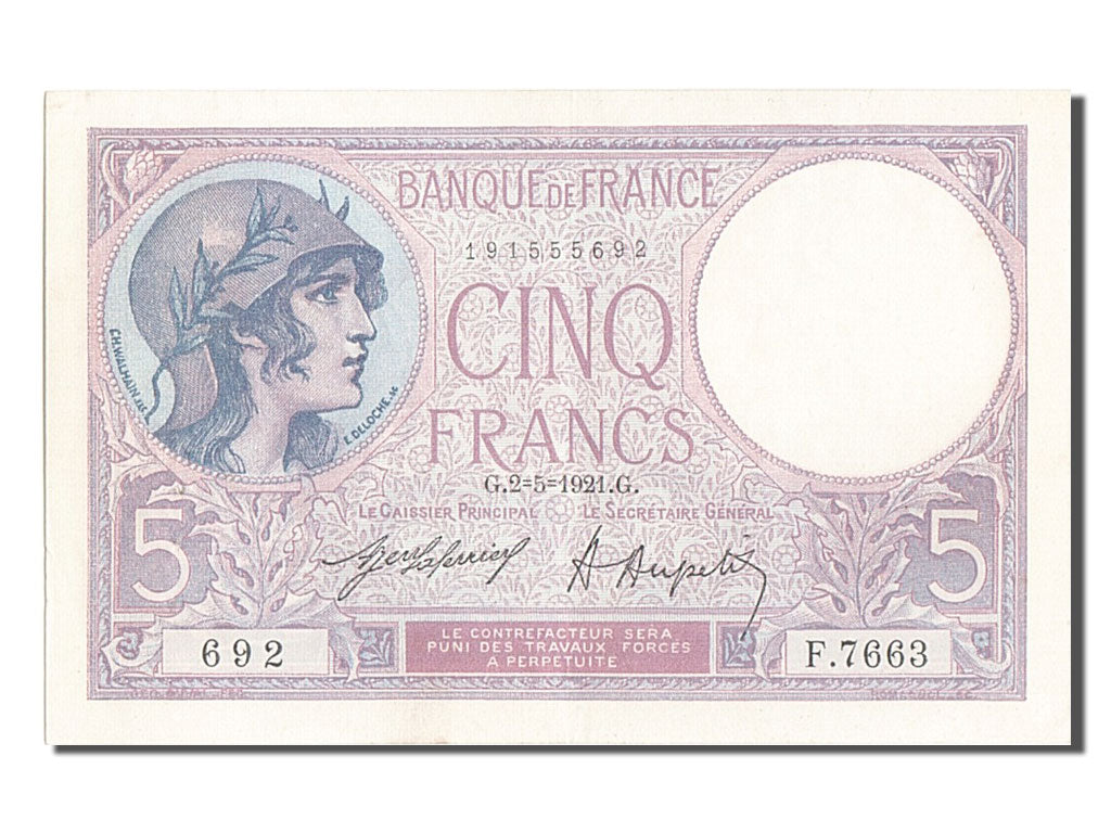 Banknote, France, 5 Francs, 5 F 1917-1940 ''Violet'', 1921, UNC(60-62)