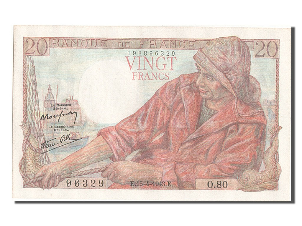 Billete, Francia, 20 Francs, 20 F 1942-1950 ''Pêcheur'', 1943, 1943-04-15, UNC