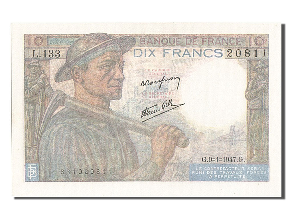 Biljet, Frankrijk, 10 Francs, 10 F 1941-1949 ''Mineur'', 1947, 1947-01-09