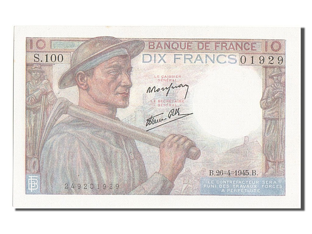 Banknote, France, 10 Francs, 10 F 1941-1949 ''Mineur'', 1945, 1945-04-26