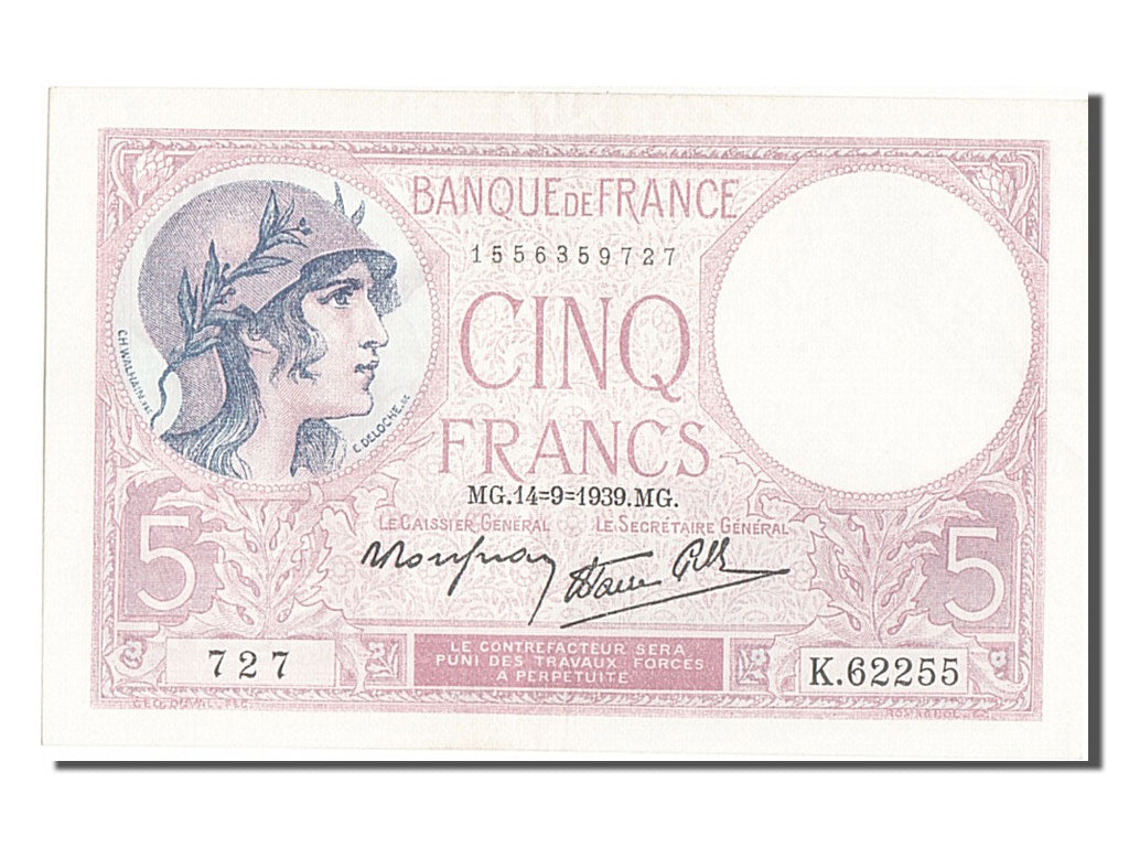 Banknote, France, 5 Francs, 5 F 1917-1940 ''Violet'', 1939, 1939-09-14