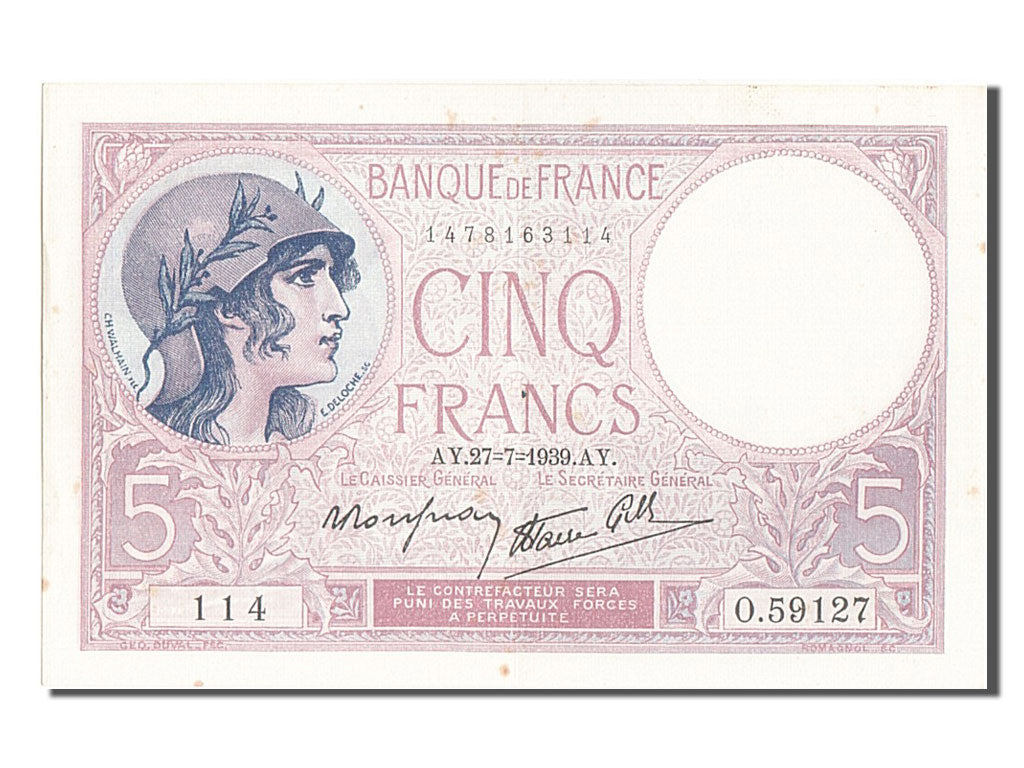 Billet, France, 5 Francs, 5 F 1917-1940 ''Violet'', 1939, 1939-07-27, SPL