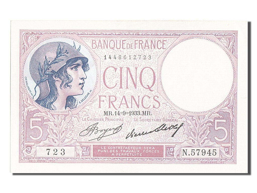 Billet, France, 5 Francs, 5 F 1917-1940 ''Violet'', 1933, 1933-09-14, SPL
