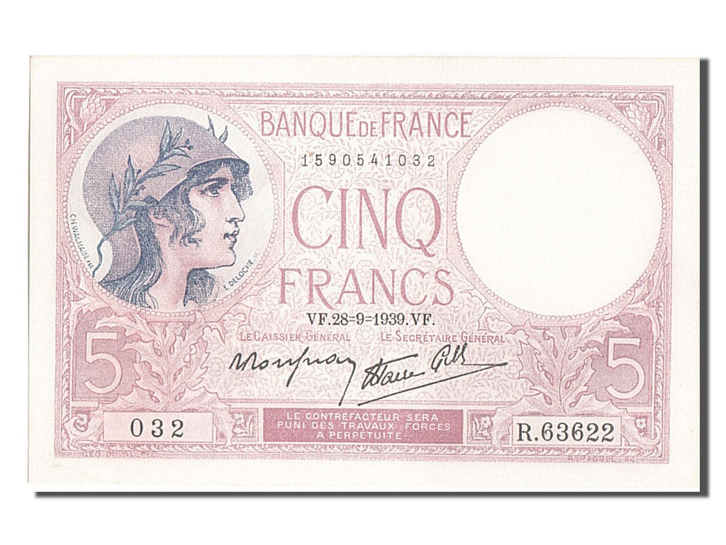 Billete, Francia, 5 Francs, 5 F 1917-1940 ''Violet'', 1939, 1939-09-28, UNC