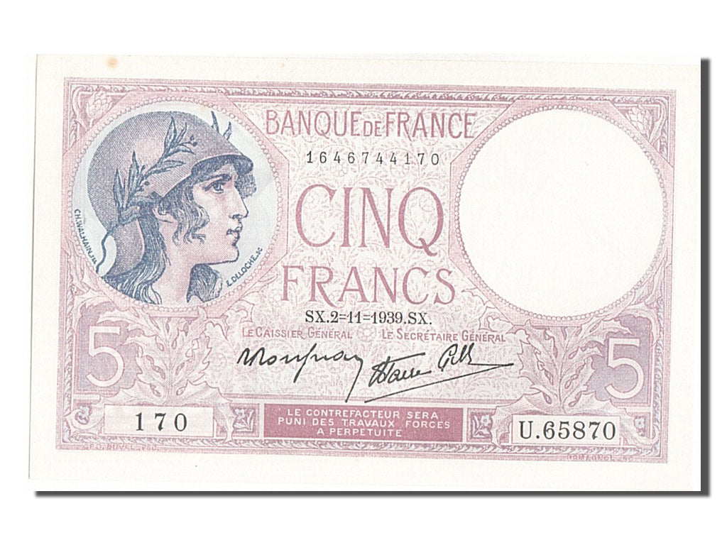 Biljet, Frankrijk, 5 Francs, 5 F 1917-1940 ''Violet'', 1939, 1939-11-02, SPL