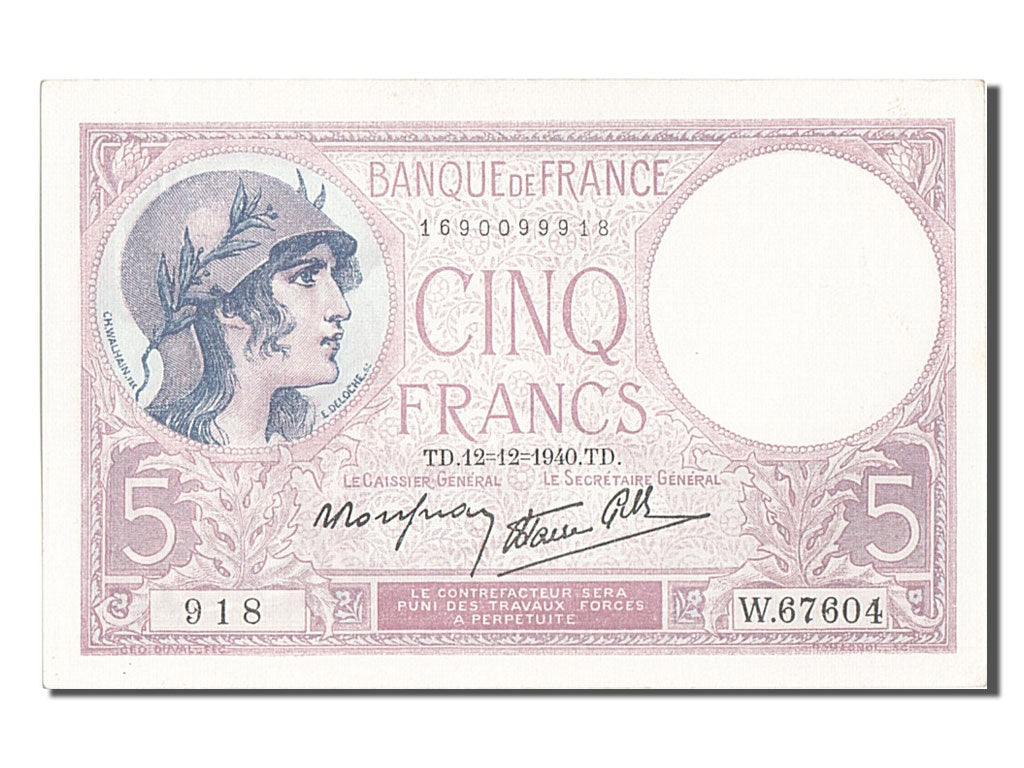 Billete, Francia, 5 Francs, 5 F 1917-1940 ''Violet'', 1940, 1940-12-12, UNC