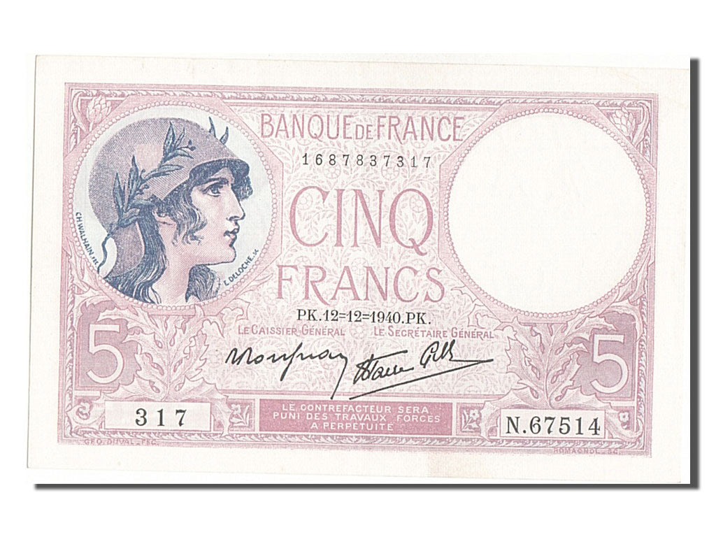 Billete, Francia, 5 Francs, 5 F 1917-1940 ''Violet'', 1940, 1940-12-12, SC