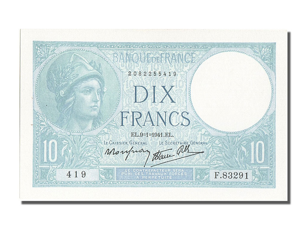 Biljet, Frankrijk, 10 Francs, 10 F 1916-1942 ''Minerve'', 1941, 1941-01-09, SPL