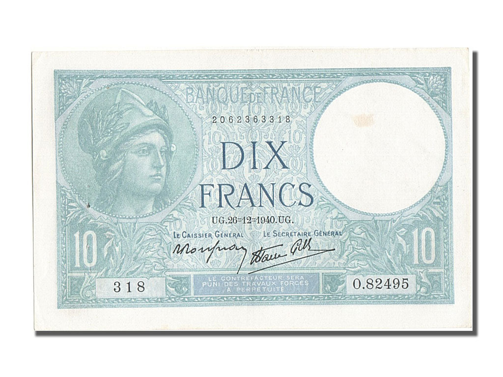 Biljet, Frankrijk, 10 Francs, 10 F 1916-1942 ''Minerve'', 1940, 1940-12-26, SUP