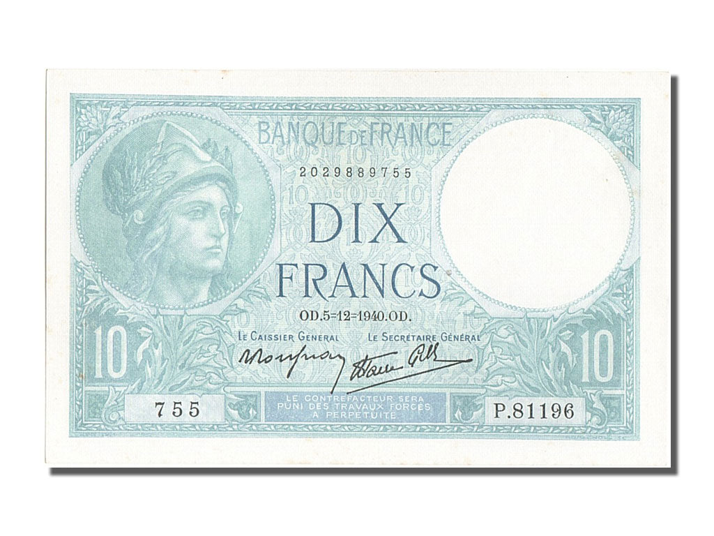 Biljet, Frankrijk, 10 Francs, 10 F 1916-1942 ''Minerve'', 1940, 1940-12-05, SPL