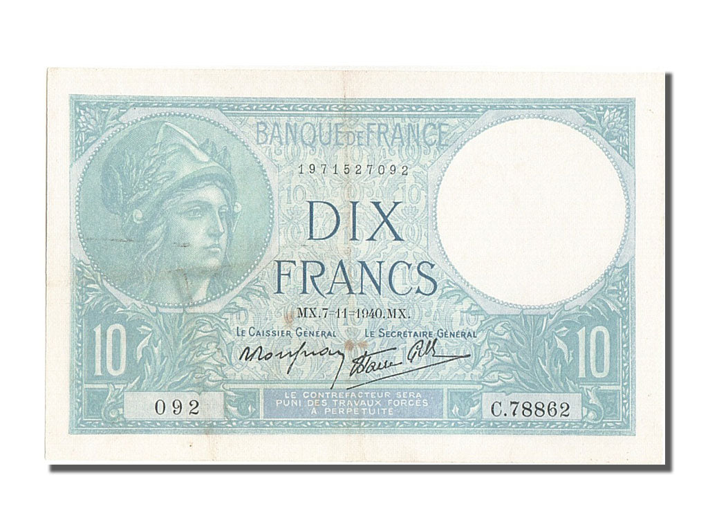 Geldschein, Frankreich, 10 Francs, 10 F 1916-1942 ''Minerve'', 1940, 1940-11-07