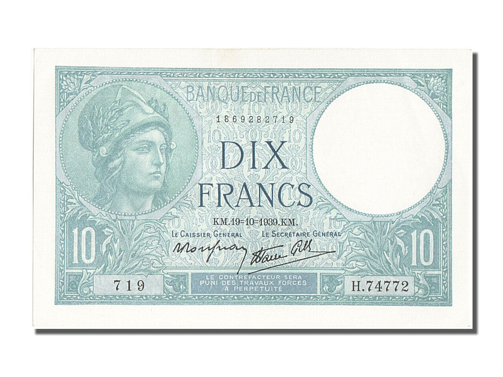 Biljet, Frankrijk, 10 Francs, 10 F 1916-1942 ''Minerve'', 1939, 1939-10-19, SPL