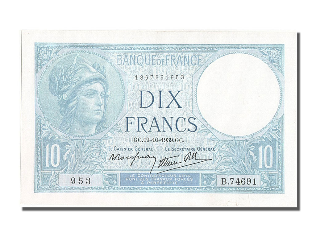 Banconote, Francia, 10 Francs, 10 F 1916-1942 ''Minerve'', 1939, 1939-10-19
