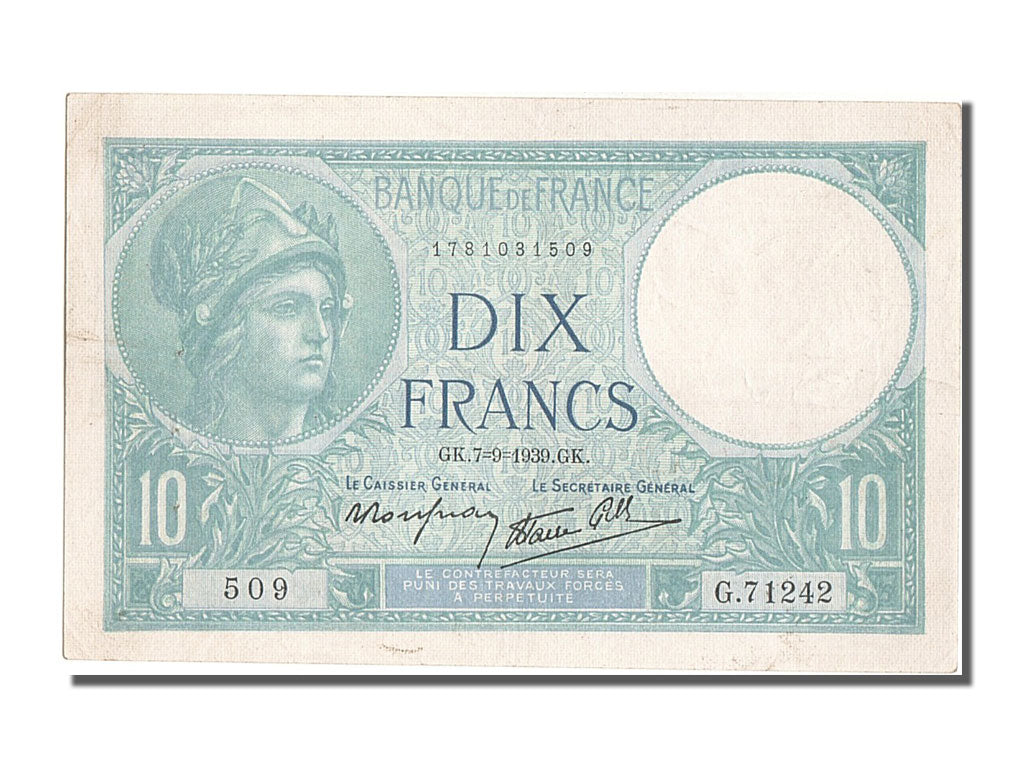 Banknot, Francja, 10 Francs, Minerve, 1939, 1939-09-07, AU(50-53), Fayette:07.6