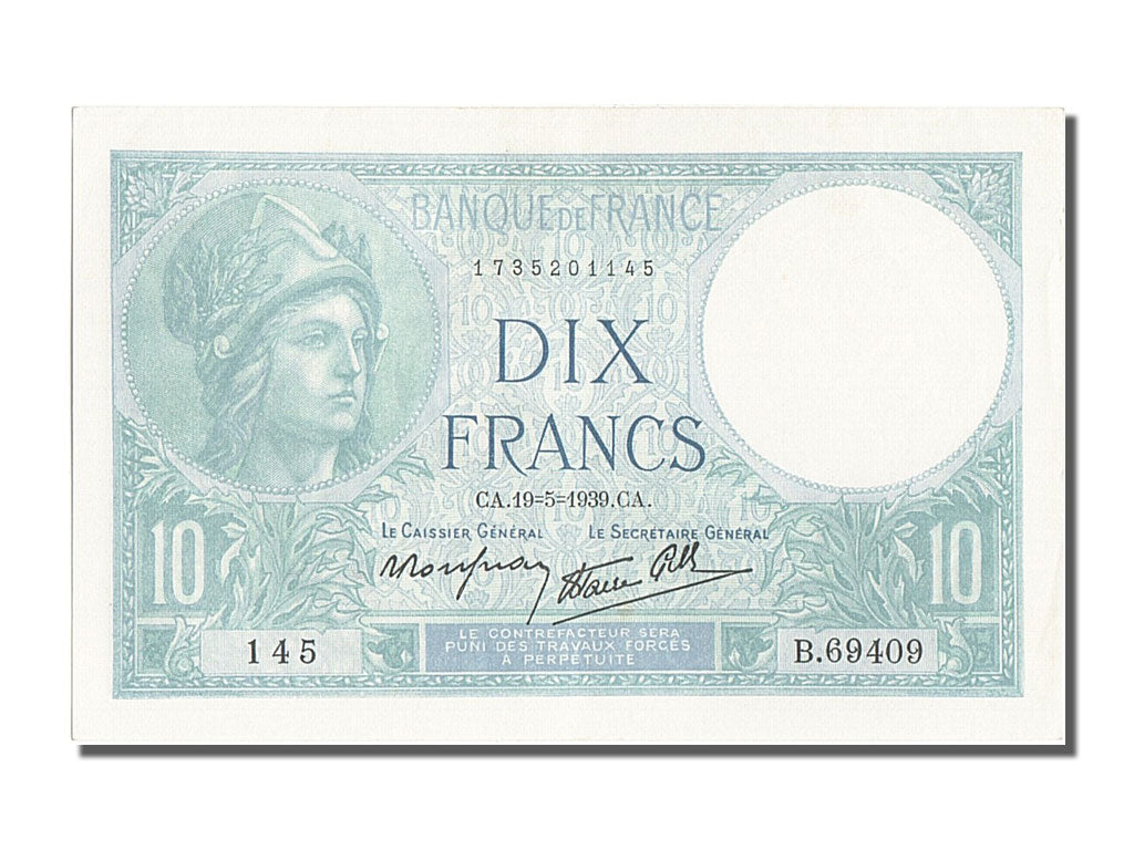 Biljet, Frankrijk, 10 Francs, 10 F 1916-1942 ''Minerve'', 1939, 1939-05-19, SPL