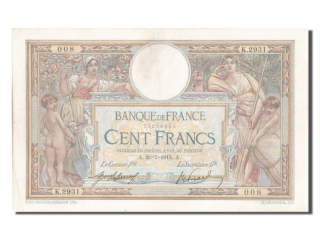 Banknote, France, 100 Francs, 100 F 1908-1939 ''Luc Olivier Merson'', 1915