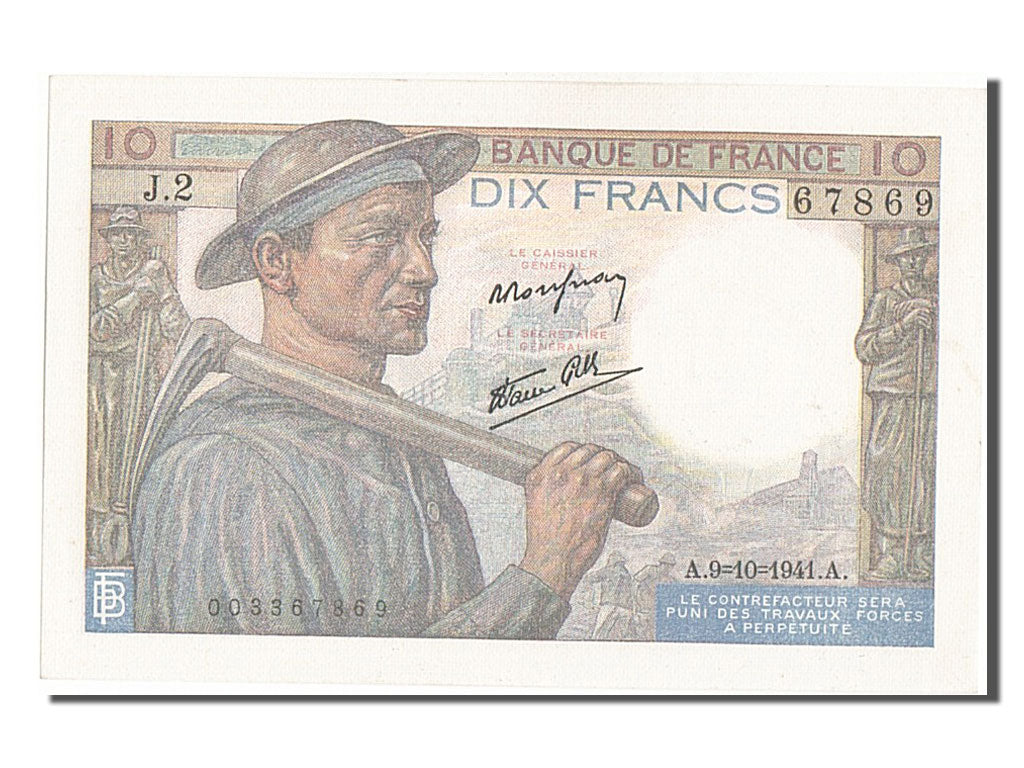 Banconote, Francia, 10 Francs, 10 F 1941-1949 ''Mineur'', 1941, 1941-10-09, FDS