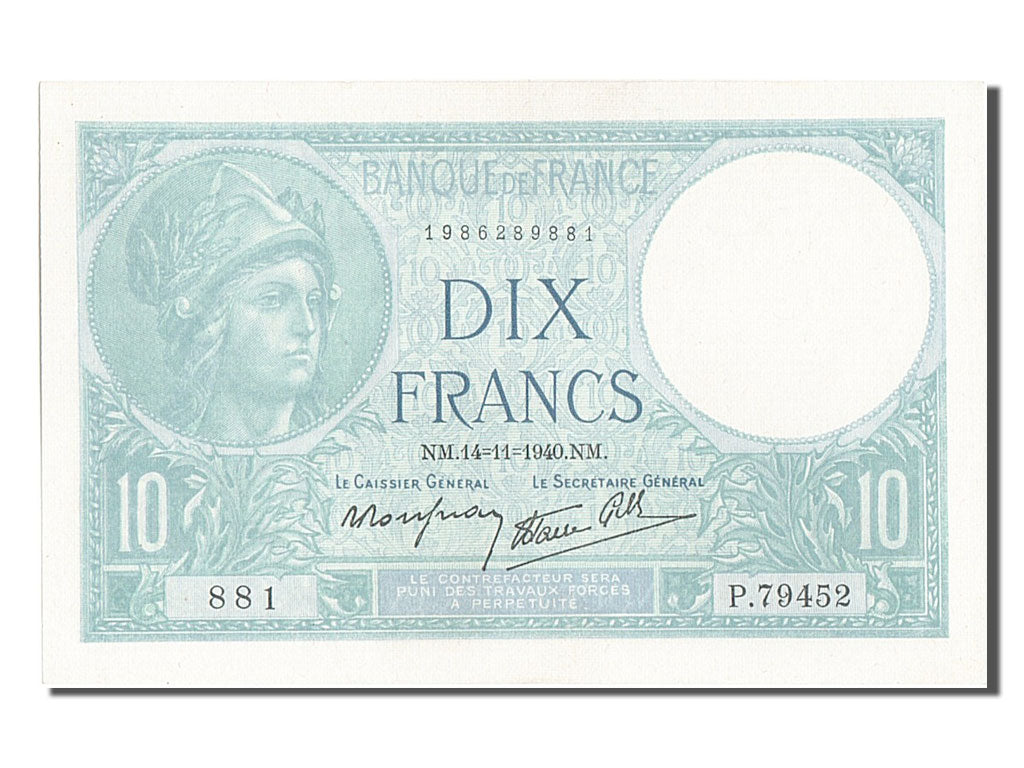 Banconote, Francia, 10 Francs, 10 F 1916-1942 ''Minerve'', 1940, 1940-11-14