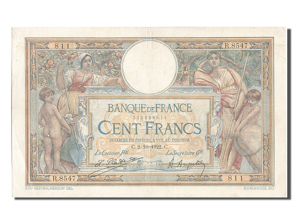 Billet, France, 100 Francs, 100 F 1908-1939 ''Luc Olivier Merson'', 1922