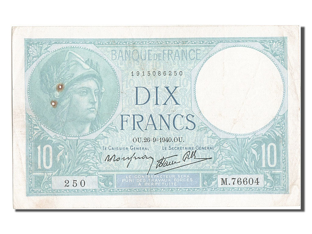 Billete, Francia, 10 Francs, 10 F 1916-1942 ''Minerve'', 1940, 1940-09-26, BC+