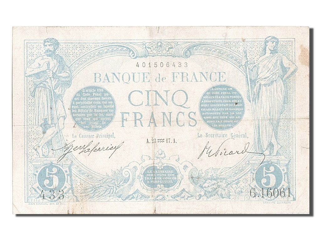 Francia, 5 Francs, Bleu, 1917, G.16061, BB, Fayette:02.47, KM:70