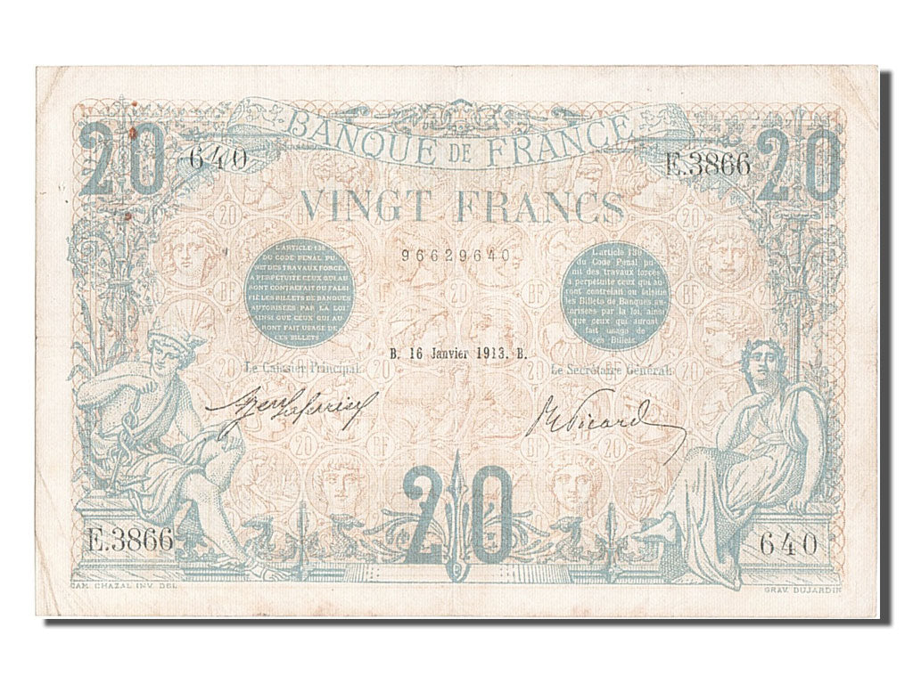 Banconote, Francia, 20 Francs, 20 F 1905-1913 ''Bleu'', 1913, 1913-01-16, BB+