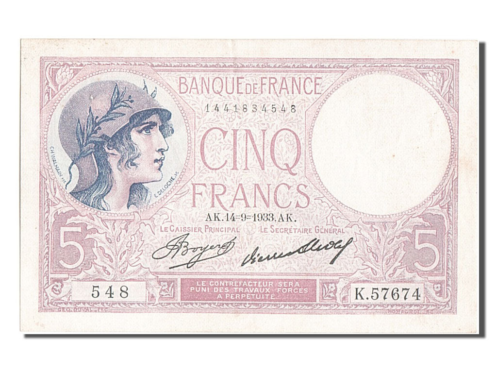 Banknote, France, 5 Francs, 5 F 1917-1940 ''Violet'', 1933, 1933-09-14