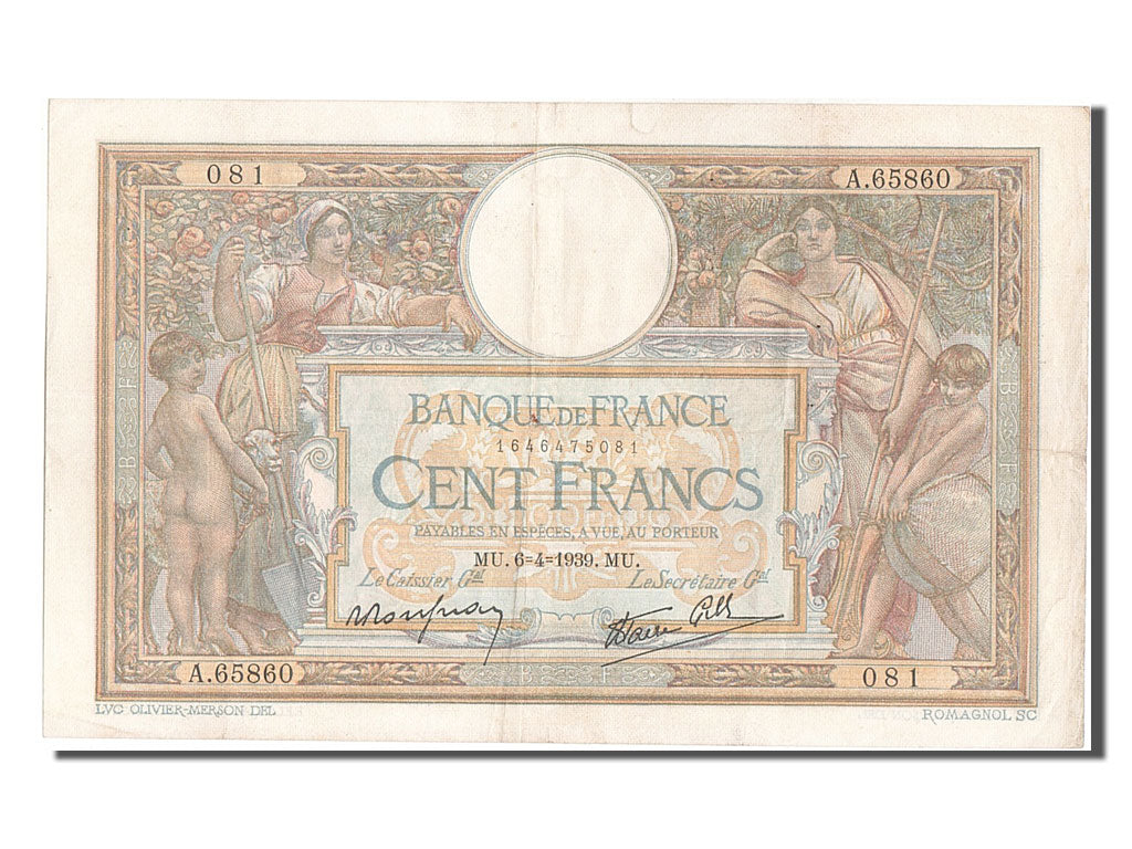 Banknote, France, 100 Francs, 100 F 1908-1939 ''Luc Olivier Merson'', 1939