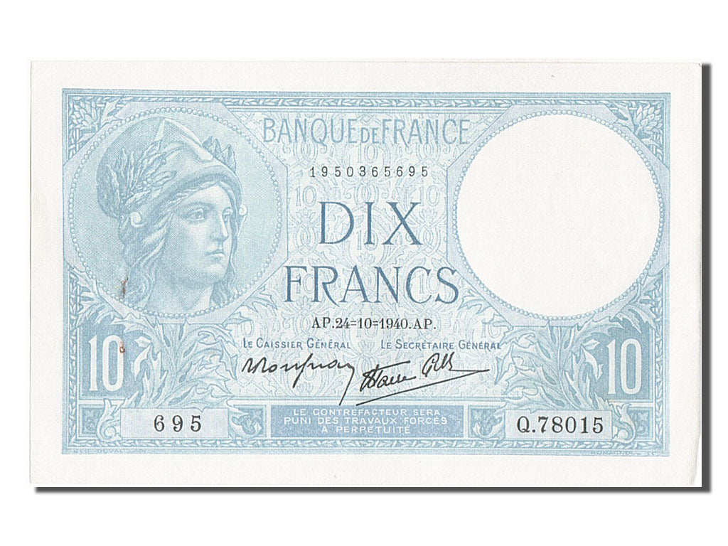 Billet, France, 10 Francs, 10 F 1916-1942 ''Minerve'', 1940, 1940-10-24, SPL