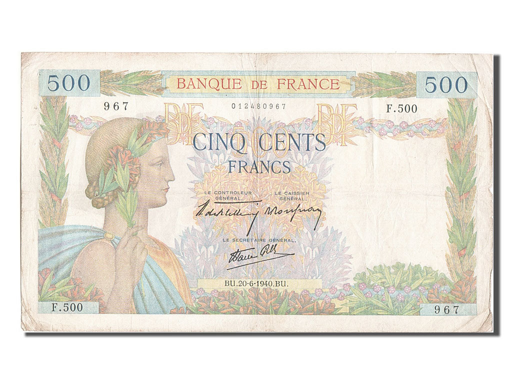 Banknote, France, 500 Francs, 500 F 1940-1944 ''La Paix'', 1940, 1940-06-20
