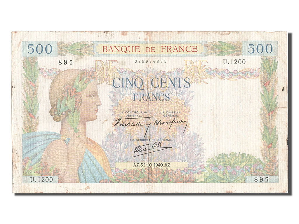 Banknote, France, 500 Francs, 500 F 1940-1944 ''La Paix'', 1940, 1940-10-31