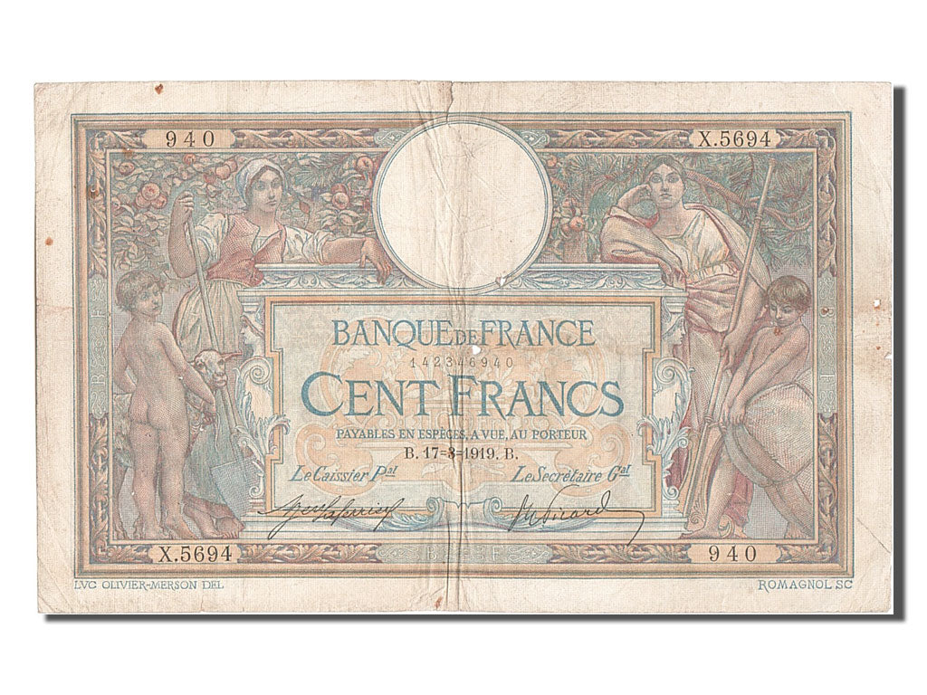 Banknote, France, 100 Francs, 100 F 1908-1939 ''Luc Olivier Merson'', 1919