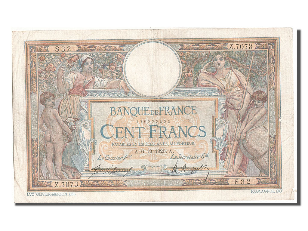 Banknote, France, 100 Francs, 100 F 1908-1939 ''Luc Olivier Merson'', 1920