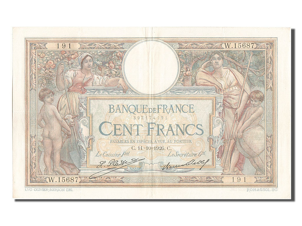 Biljet, Frankrijk, 100 Francs, 100 F 1908-1939 ''Luc Olivier Merson'', 1926