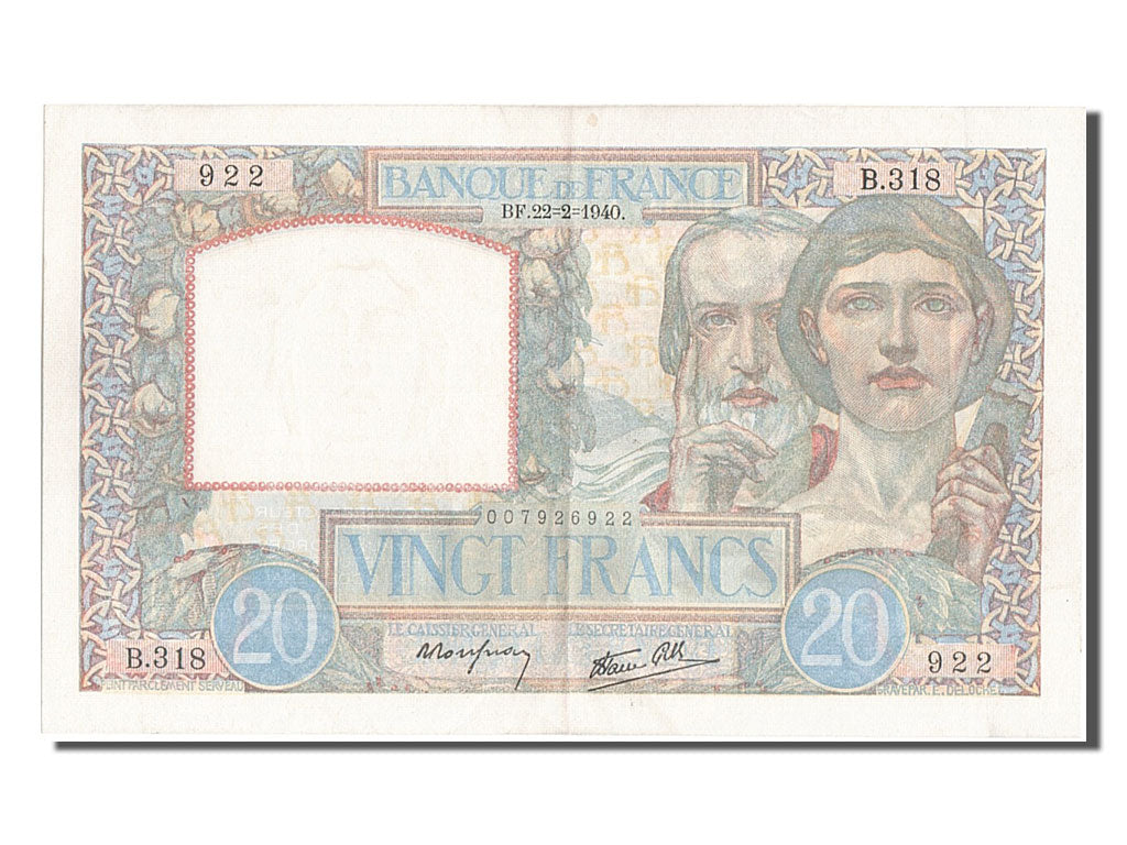 Banconote, Francia, 20 Francs, 20 F 1939-1942 ''Science et Travail'', 1940