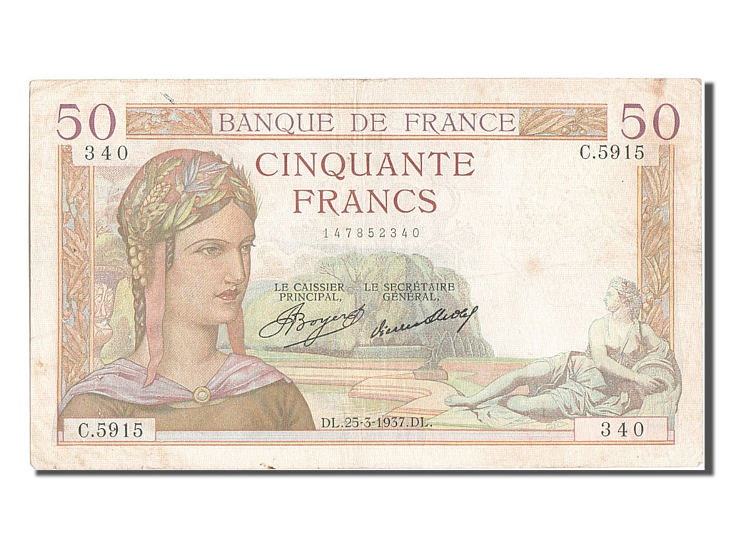 Banknot, Francja, 50 Francs, Cérès, 1937, 1937-03-25, EF(40-45)