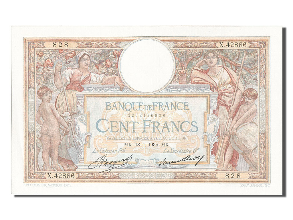 Billet, France, 100 Francs, 100 F 1908-1939 ''Luc Olivier Merson'', 1934
