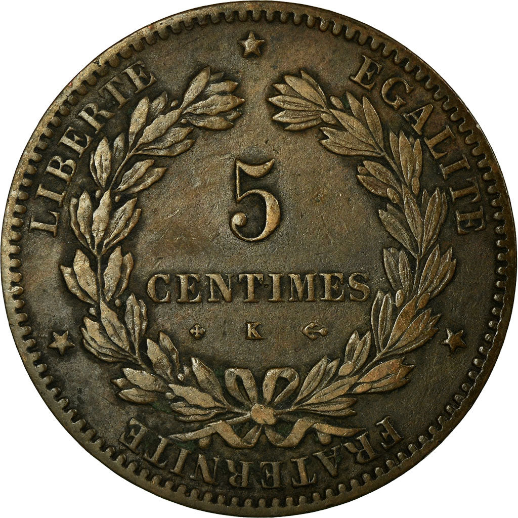 Moneda, Francia, Cérès, 5 Centimes, 1877, Bordeaux, MBC+, Bronce, Gadoury:157a