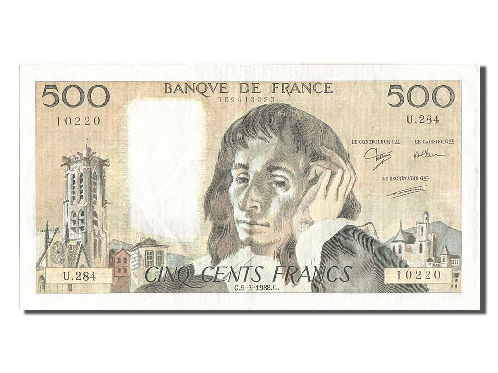Geldschein, Frankreich, 500 Francs, 500 F 1968-1993 ''Pascal'', 1988