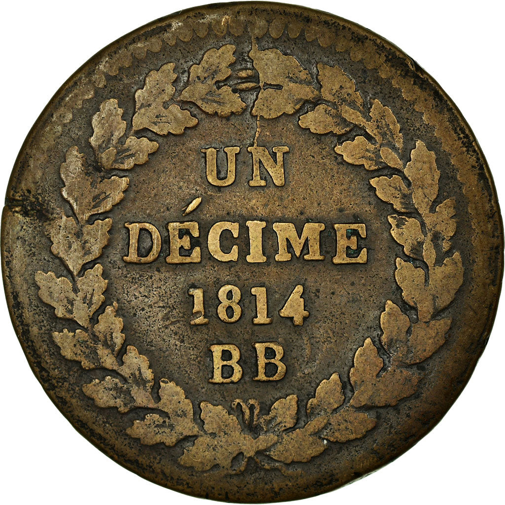 Coin, France, Napoléon I, Decime, 1814, Strasbourg, VF(20-25), Bronze