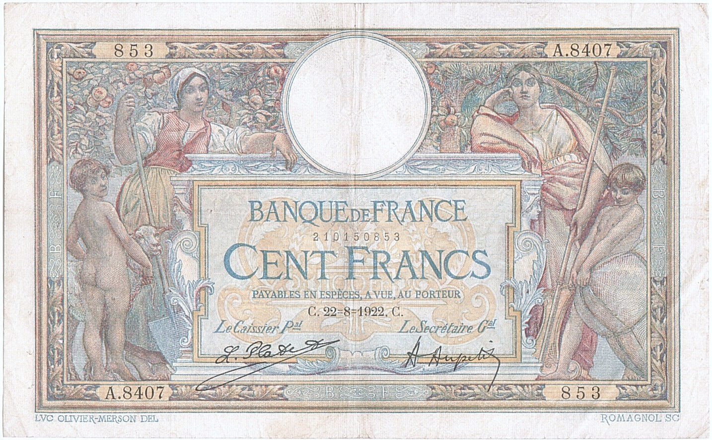 Banknote, France, 100 Francs, 100 F 1908-1939 ''Luc Olivier Merson'', 1922